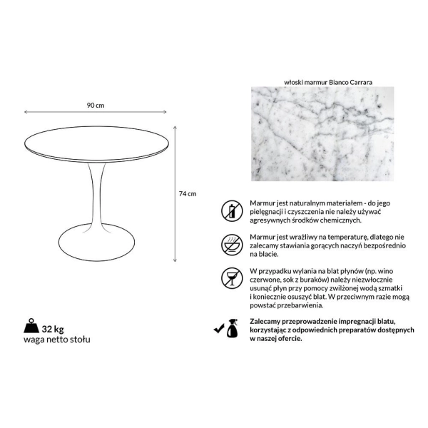 Stół TULIP MARBLE 90 CARRARA biały - blat okrągły marmurowy, metal