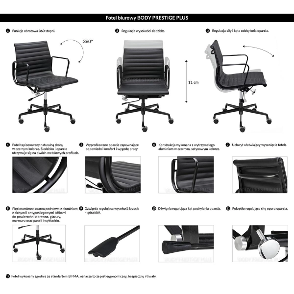 Fotel biurowy BODY PRESTIGE PLUS czarny  - skóra naturalna, aluminium