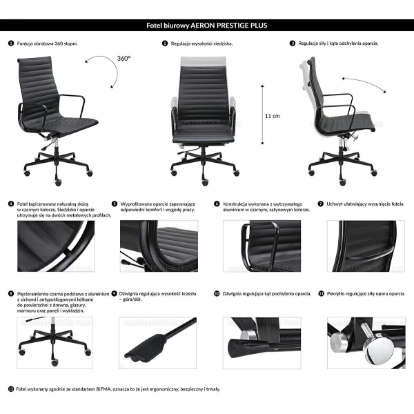 Fotel biurowy AERON PRESTIGE PLUS czarny - skóra naturalna, aluminium