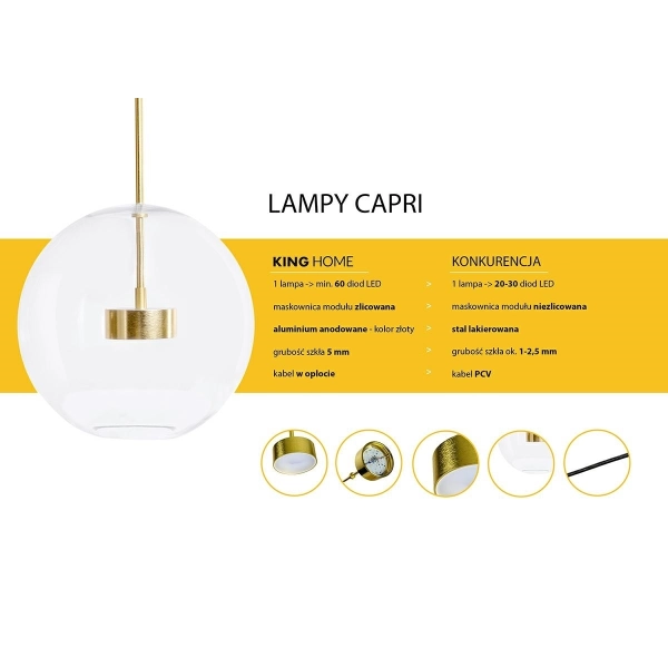 Lampa wisząca CAPRI 4 złota - 60 LED, aluminium, szkło